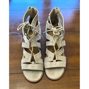 G.H. Bass & Co. "Pheobe" Taupe Ghillie Block Heel Sandals – Size 8M